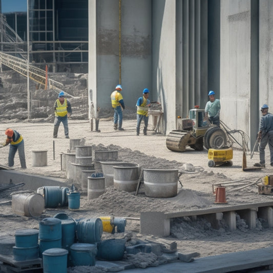 A cluttered construction site with various concrete masonry tools and equipment, such as trowels, levels, mixers, and saws, scattered around a half-built concrete structure with scaffolding and workers in the background.