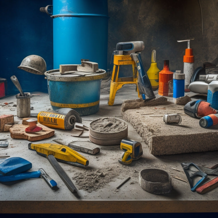 A cluttered workshop table with various concrete cutting tools: a diamond blade saw, a concrete mixer, a demolition hammer, a chisel set, and safety goggles scattered around a partially cut concrete slab.