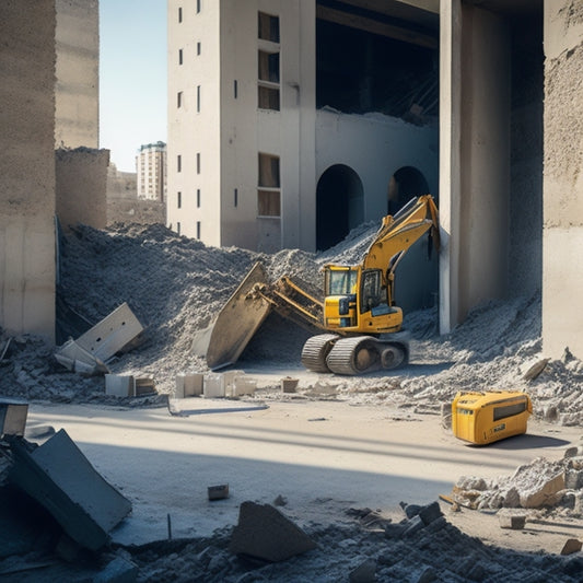 A dramatic, high-angle shot of a demolished concrete wall with rubble scattered around, amidst a backdrop of construction equipment, including a hydraulic breaker, jackhammer, and demolition saw.