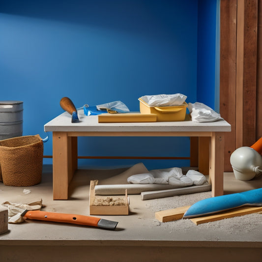 A clutter-free workbench with a trowel, level, joint knife, and mixing bucket, surrounded by small concrete blocks, a bag of plaster mix, and a few scattered trowel marks on the surface.