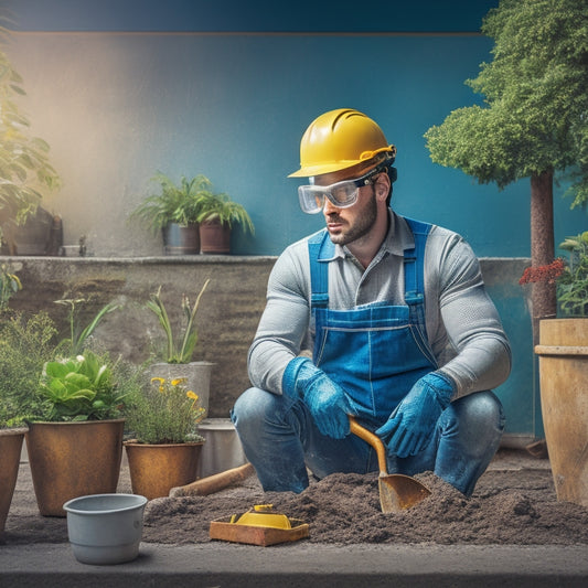 An image depicting a person wearing gloves and safety goggles, surrounded by concrete mixing equipment, trowels, and molds, with a partially built planter wall in the background, set against a blurred garden landscape.