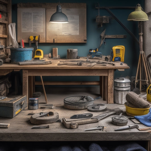 A cluttered workbench with various measuring tools, including a level, tape measure, straightedge, and square, surrounded by concrete finishing equipment, such as trowels and edgers, in a construction site setting.