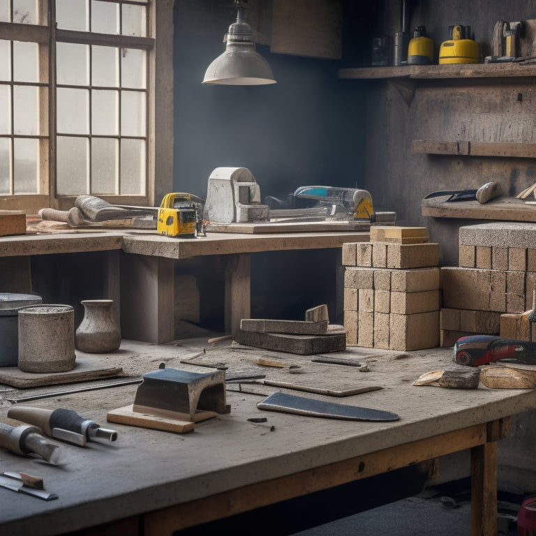 A cluttered workbench with various concrete block planing tools scattered around, including a planer, jointer, and edger, with concrete blocks and dust in the background.