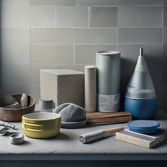 A photograph of a well-organized workspace with a mix of concrete blocks, a spirit level, a trowel, a jointer, a string line, and a bucket of mortar, set against a clean, grey background.