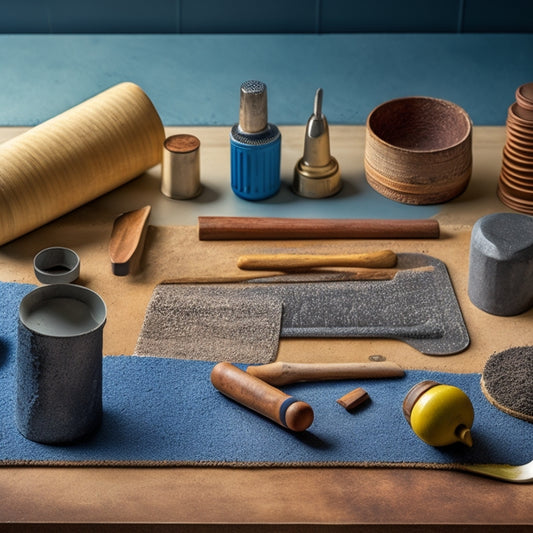 A clutter-free workshop background with five distinct tools laid out in a curved line: a concrete stamp mat, a tamping tool, a texture skin, a flex mat, and a stamping hammer, each one gleaming with subtle shadows.