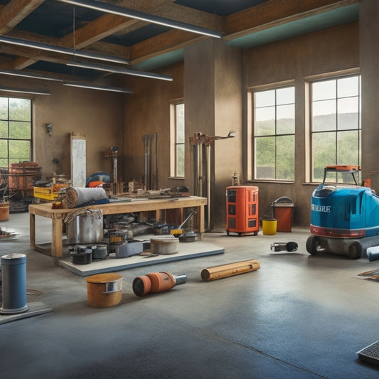 A clutter-free workshop scene featuring a variety of polished concrete floor installation tools, including a grinder, edger, and trowel, arranged on a clean concrete floor surrounded by steel columns.