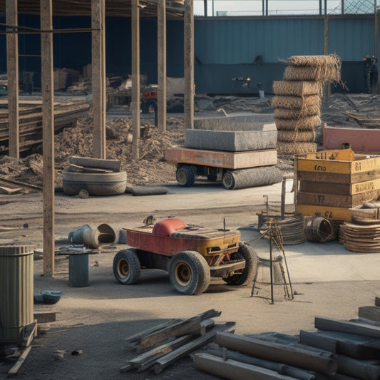 A cluttered construction site with a concrete mixer, wheelbarrows, tamping tools, and safety gear like hard hats and gloves, surrounded by stacks of lumber and rebar.