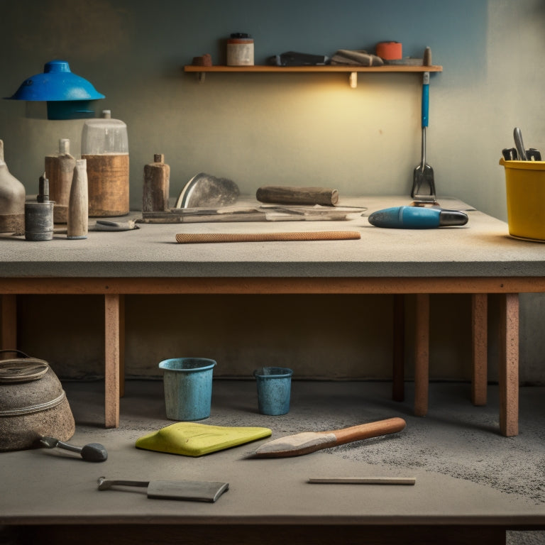 A clutter-free workshop table with neatly arranged concrete installation hand tools, including a trowel, edger, jointer, and level, surrounded by a faint concrete texture background.