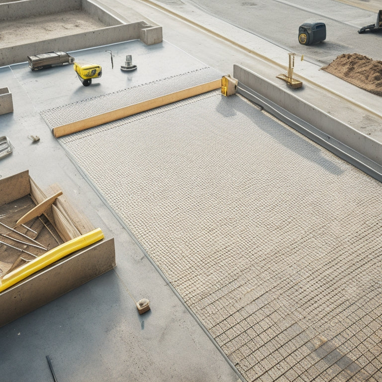 An image of a construction site with various concrete laying pattern tools, such as screeds, tamping machines, and laser levels, scattered around a freshly poured concrete slab with a subtle grid pattern.