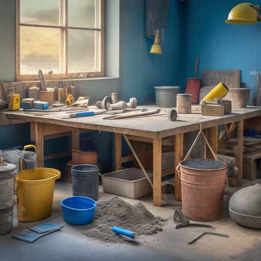 A cluttered workbench with various DIY concrete remodeling tools, including a mixing bucket, trowel, edger, and float, surrounded by concrete dust and scattered blueprints, with a partially completed concrete project in the background.