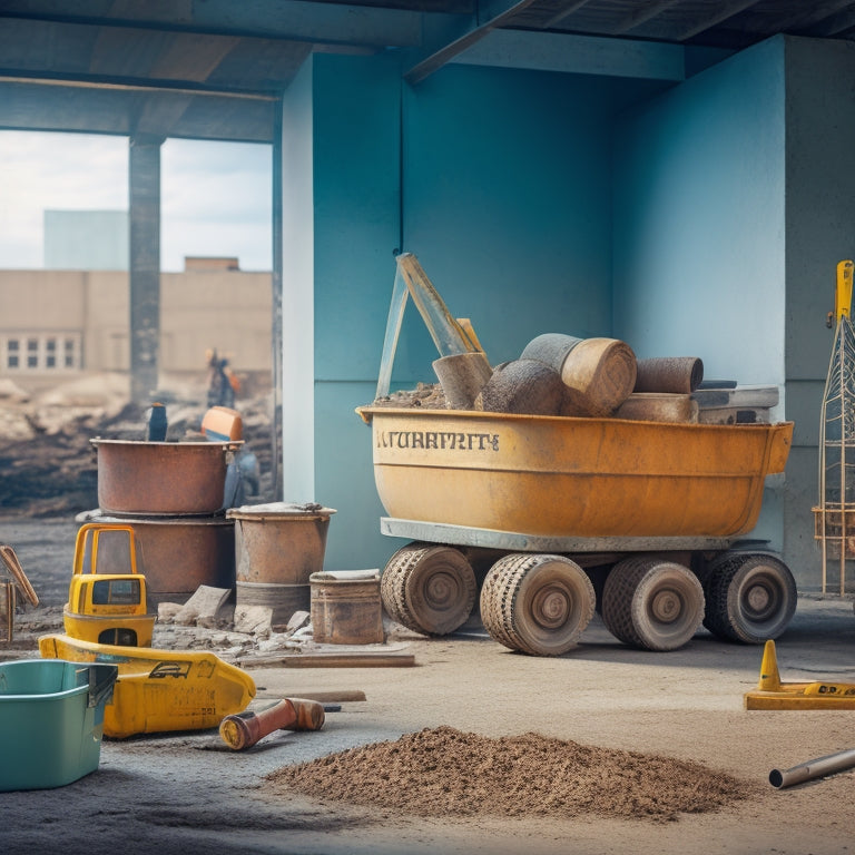 A cluttered construction site with various concrete construction tools scattered around, including a cement mixer, trowels, levels, and hard hats, set against a backdrop of a partially built concrete structure.