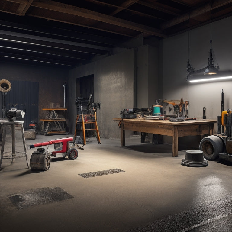 A dimly lit, industrial-style workshop with a polished concrete floor, showcasing a variety of tools and equipment, including a concrete grinder, edger, and trowel, arranged artfully around a central, gleaming concrete slab.