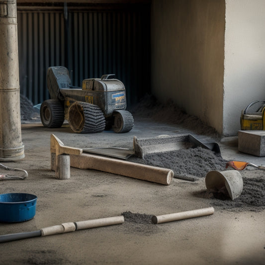 A cluttered construction site with various concrete subfloor prep tools scattered around, including a walk-behind scraper, edger, grinder, and trowel, amidst a backdrop of freshly poured concrete.