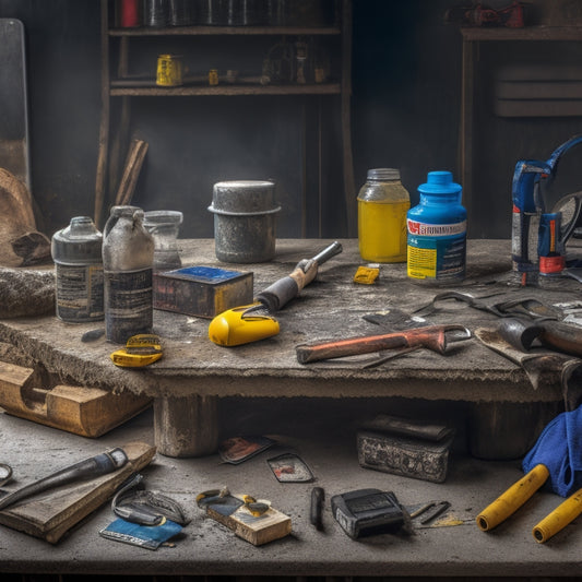 A cluttered workshop table with a variety of tools scattered around a concrete block, including a caulk gun, trowel, safety goggles, and a bucket of sealant, surrounded by scattered drop cloths and warning signs.