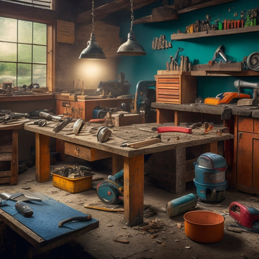 A cluttered workshop background with a variety of concrete cutting tools scattered across a wooden workbench, including a circular saw, masonry blade, and demolition hammer.