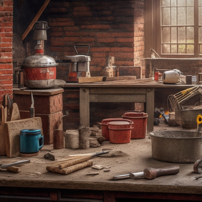 A cluttered workbench with a variety of brick cutting tools, including a masonry saw, a brick hammer, a level, a square, a chisel set, and a bucket of water, surrounded by cut bricks and dust.