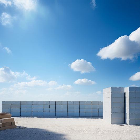 A clutter-free construction site with a half-built concrete block wall, featuring a spirit level, trowel, and string lines amidst neatly stacked blocks, set against a bright blue sky with few, puffy clouds.