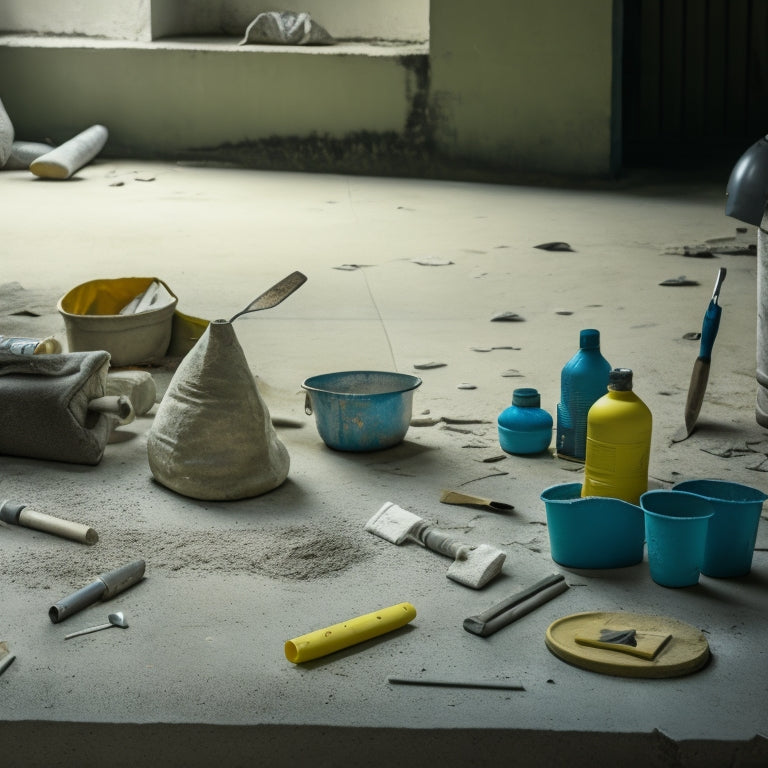 A messy concrete floor with cracks and holes, surrounded by scattered repair tools, including a pointing trowel, grout float, and caulk gun, with a few concrete blocks and sandbags in the background.