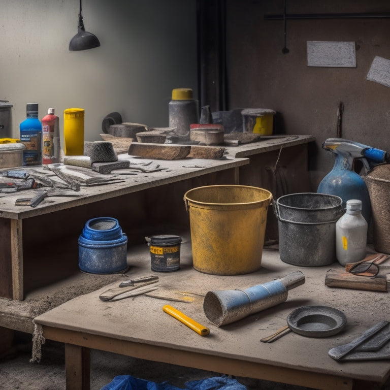 A cluttered workshop table with various concrete repair tools scattered around, including a caulk gun, trowel, mixing bucket, and bags of concrete mix, with a blurred background of a partially repaired concrete wall.