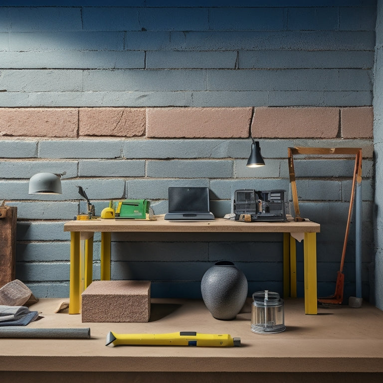 A clutter-free workspace with a level, tape measure, trowel, jointer, spirit level, and block layers' hammer, arranged around a partially laid concrete block wall with a few blocks and sand nearby.