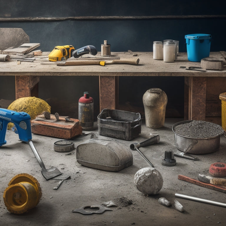 A cluttered workshop table with various concrete cutting tools: a diamond blade saw, a concrete mixer, a demolition hammer, a chisel set, and safety goggles scattered around a partially cut concrete slab.