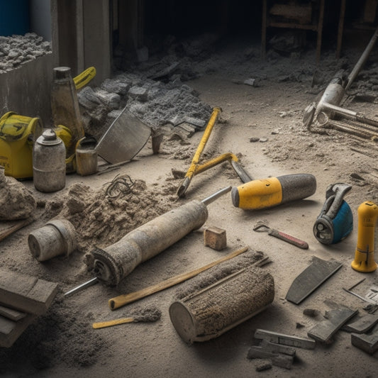 A cluttered construction site with a partially demolished concrete wall, surrounded by various tools like a jackhammer, demolition hammer, pry bars, chisels, and safety goggles, all scattered on the ground.