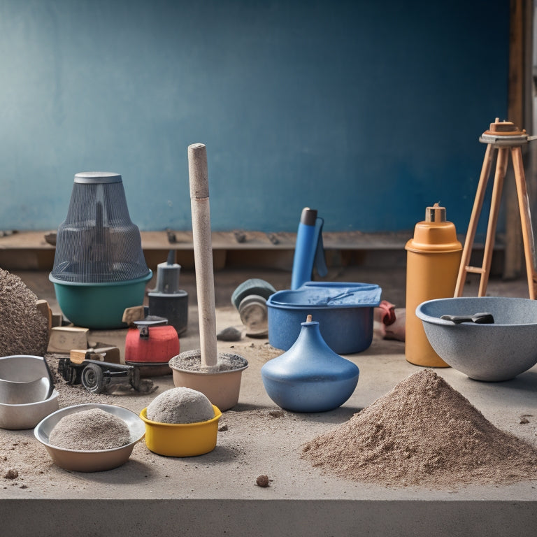 A well-organized workshop with a concrete mixer, slump cone, and tamping rod in the foreground, surrounded by various gradations of mixed concrete samples in the background.