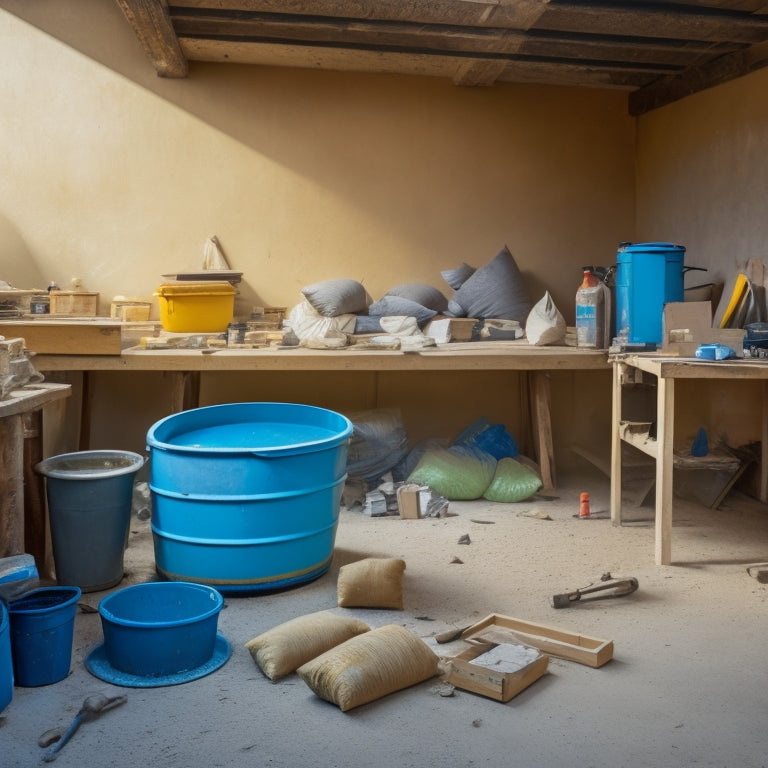 A cluttered workshop table with concrete blocks, a level, a trowel, a jointer, a mixing bucket, and a wheelbarrow in the background, surrounded by scattered sand and cement bags.