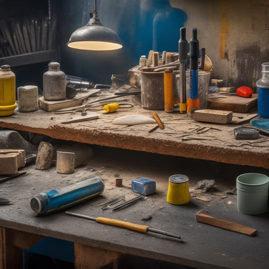 A cluttered workshop table with various epoxy concrete repair tools, including a cordless drill, mixing sticks, and a putty knife, surrounded by concrete samples with cracks and epoxy-filled repairs.