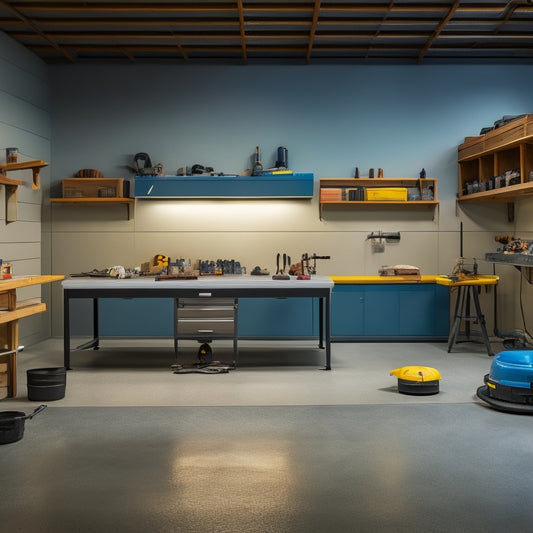 A sleek, modern workshop with a polished concrete floor, featuring a variety of tools and equipment, including a grinder, edger, and sealer, arranged artfully on a workbench and floor.