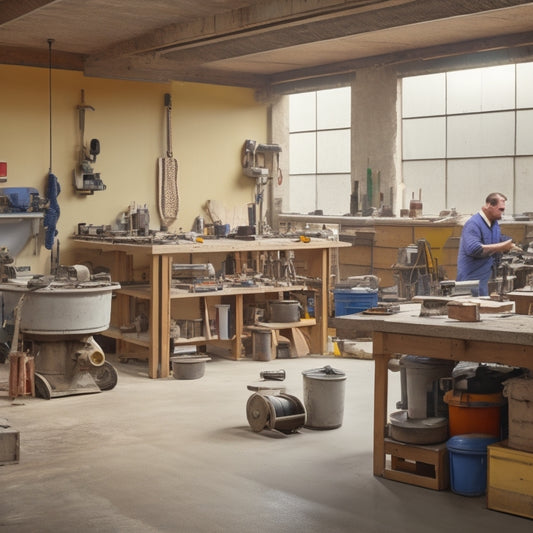 A cluttered workshop with a large, unfinished concrete slab in the center, surrounded by various sanding tools and equipment, including a walk-behind floor grinder, handheld sanders, and dust masks.