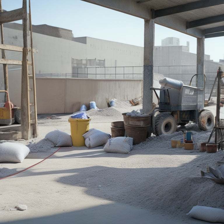 A cluttered construction site with a mixer, wheelbarrow, trowel, level, and bucket, surrounded by piles of aggregate, cement bags, and a partially poured concrete slab.