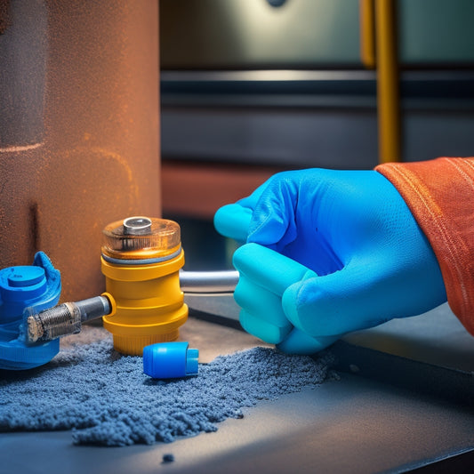 A close-up of a gloved hand holding a polyurethane injection gun, with a concrete crack in the background, surrounded by various injection ports, tubes, and a mixing bucket.