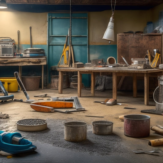 A cluttered workshop background with a variety of tools and equipment scattered around, including a floor scraper, tamping rake, edger, and wire brush, with a large, unfinished concrete surface in the foreground.