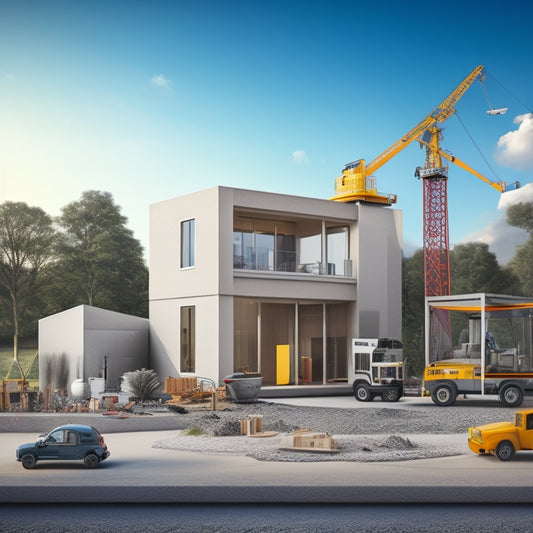 An illustration of a half-built modern concrete house with a crane in the background, surrounded by five prominent tools: a mixer, trowel, level, saw, and drill.