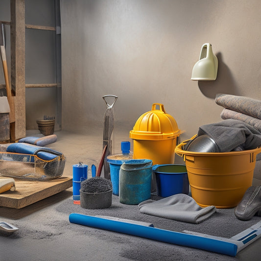 An image depicting a well-organized workspace with a mixing bucket, trowel, level, gloves, safety goggles, and a bag of premixed concrete in the background, surrounded by scattered tools and materials.