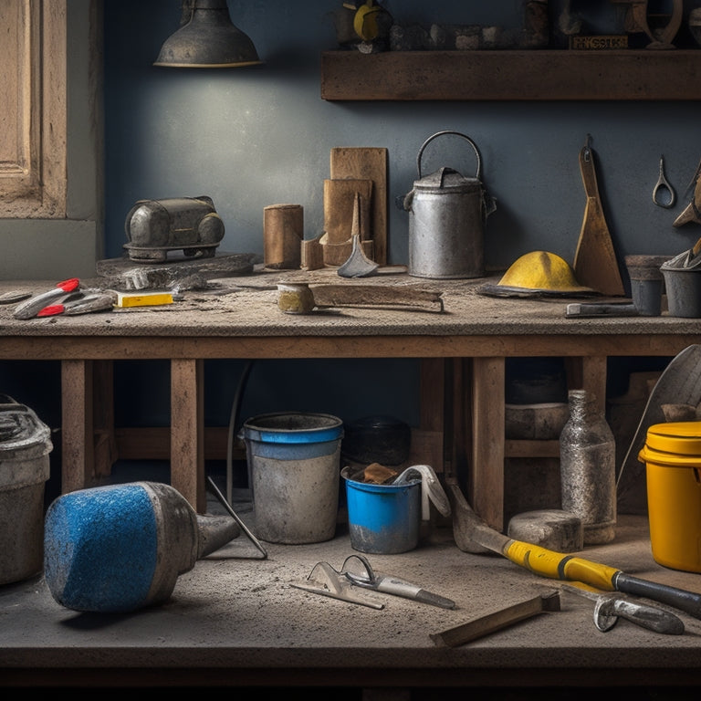 A cluttered workbench with a variety of DIY concrete tools, including a mixing bucket, trowel, level, edger, and gloves, surrounded by concrete mixer, safety goggles, and a few small concrete samples.