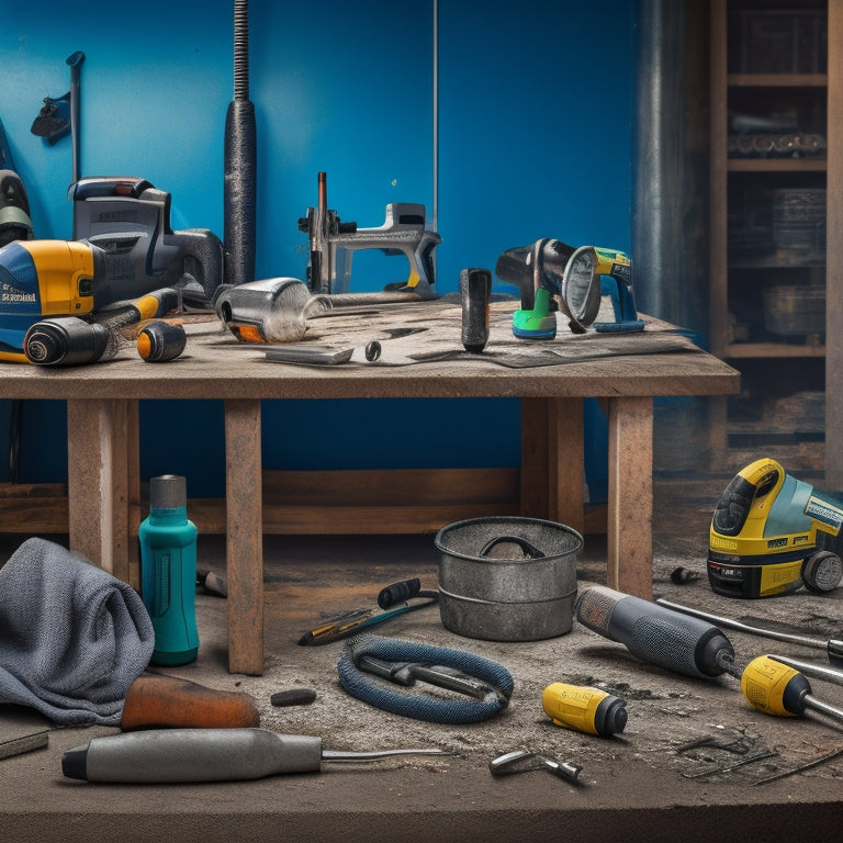 A messy concrete workbench with various power tools scattered around, including a drill, impact driver, rotary hammer, and grinder, with concrete dust and debris covering the surface.