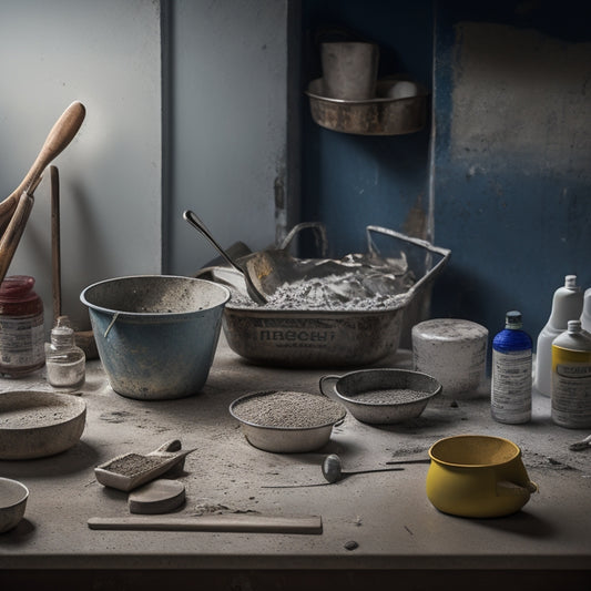 A messy workstation with five prominent tools: a sturdy handheld trowel, a worn bucket, a trusty mixing stick, a level, and a measuring cup, surrounded by scattered concrete mix and water stains.