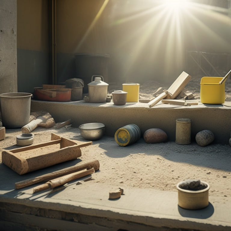 A rustic, sun-drenched construction site with a mason's leveling tool, spirit level, trowel, joint spacer, and mixing bucket arranged artfully amidst scattered concrete blocks and mortar.