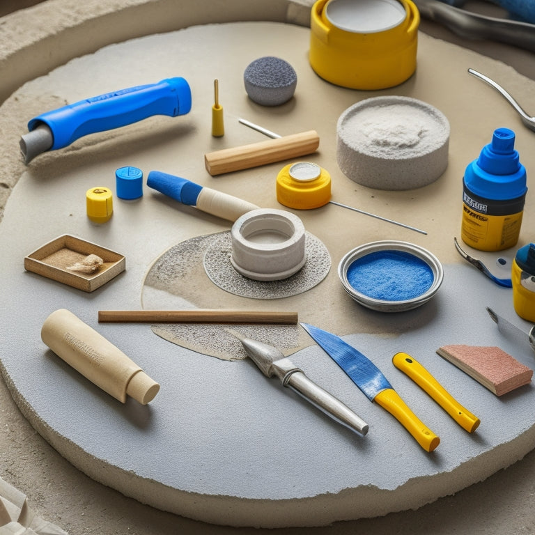 A close-up of a concrete slab with noticeable gaps, surrounded by various tools and materials, including a caulk gun, chisel, putty knife, concrete patching compound, and sandpaper, arranged in a circular pattern.