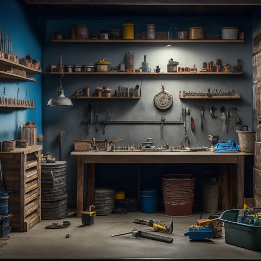 A tidy workshop scene with a wooden workbench, organized toolboxes, and a pegboard with hung trowels, levels, and concrete finishing tools, surrounded by neatly coiled hoses and tidy stacks of concrete blocks.