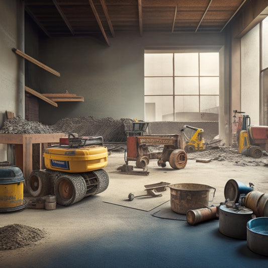 A cluttered construction site with various tools and machinery scattered around, including a ride-on floor scraper, a walk-behind grinder, and a drum sander, amidst a backdrop of partially prepared concrete floors.