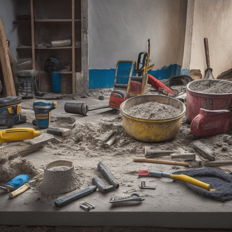 A messy construction site with broken concrete slabs, surrounded by various tools including a jackhammer, concrete saw, demolition hammer, chisels, safety goggles, and a wheelbarrow filled with debris.