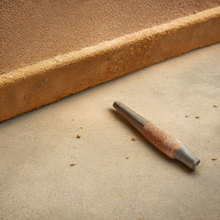 A close-up of a stucco finishing tool, with worn wooden handle and rusty metal blade, lying on a rough, grey concrete block wall with faint scratch marks and scattered stucco crumbs.