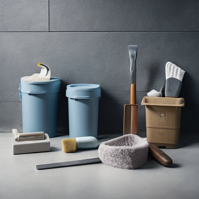 A photograph of a well-organized storage bin filled with various restoration tools, including a floor scraper, edger, grinder, and cleaning solutions, set against a clean, light-gray concrete background.