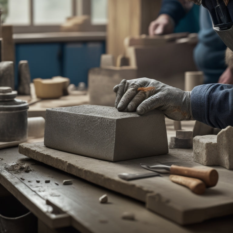 A close-up of a skilled craftsman's hands holding a custom-shaped concrete block, with a partially visible mold and various shaping tools scattered around a cluttered workbench in the background.