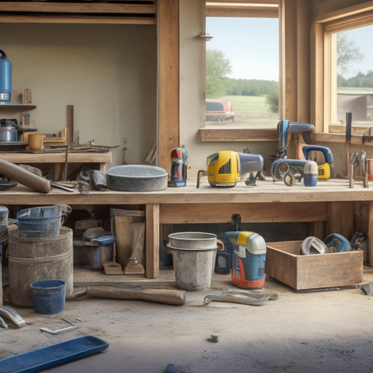 A cluttered construction site with a half-built concrete house in the background, featuring a cement mixer, trowels, levels, and a variety of power tools scattered around a wooden workbench.