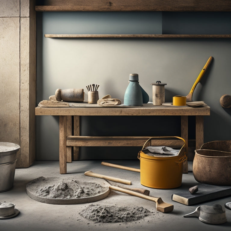 Generate an image depicting a well-organized workshop with various interior concrete tools, including a trowel, edger, and float, arranged on a wooden workbench alongside a concrete mixing bucket and a backdrop of concrete slabs.