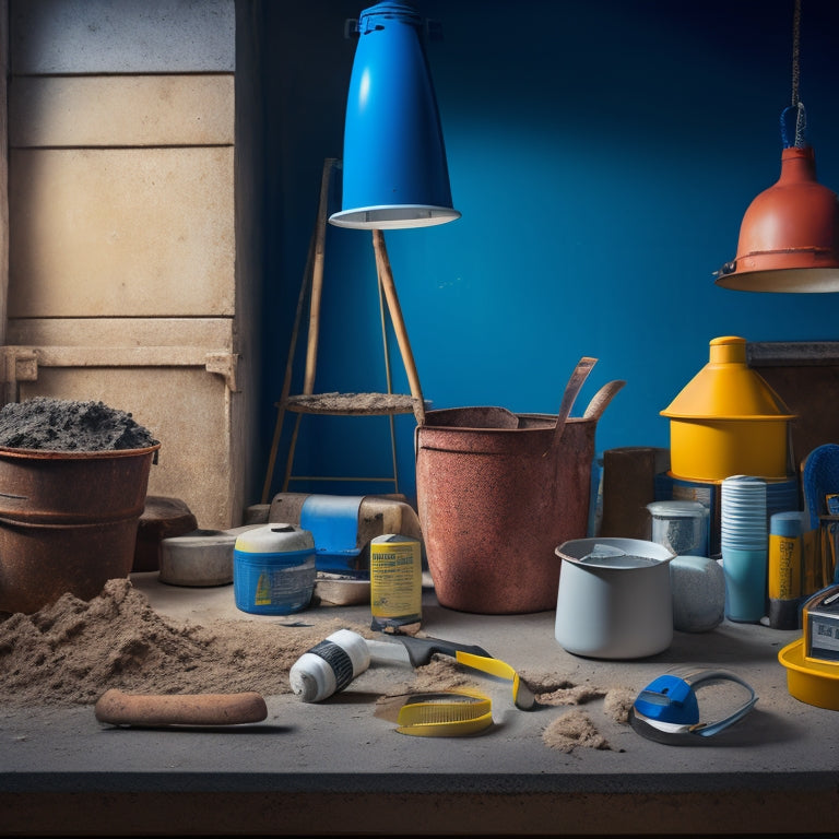 A clutter-free workshop background with a concrete mixer in the center, surrounded by a level, trowel, mixing bucket, safety goggles, and a measuring tape, all neatly arranged and well-lit.